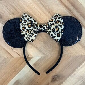 Disney Minnie Mouse Ears Headband Black Sequin Leopard Print Bow Safari Animal